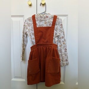 Girls Rust Corduroy Pinafore Dress with Floral Top Size 5T